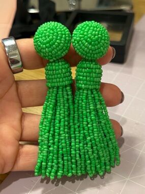 Bold Green Beaded Tassel Earrings